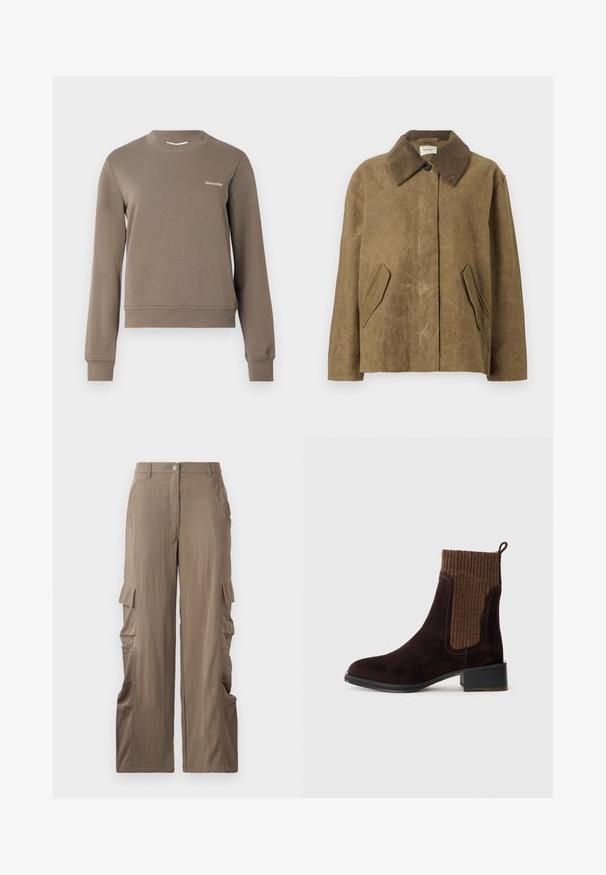 Smeđa voskana jakna s ovratnikom od kordura, koja ima dva koso postavljena bočna džepa i opušten, kutijast fit. Mekana tekstura s blagim izgledom istrošenosti.; Smeđa dukserica s dugim rukavima, okruglim izrezom i rebrastim manžetama. Ima mali bijeli logo na gornjoj lijevoj strani. Mekana tekstura.; Cargo hlače od svijetlosmeđeg materijala, s ravnim krojem, dva bočna džepa i dva cargo džepa na bedrima.; Smeđe antilop čizme do gležnja s teksturiranim smeškim rebrastim gornjim delom, glatkom završnom obradom, niskim blok petom i rupicom na peti za lakše obuvanje.
