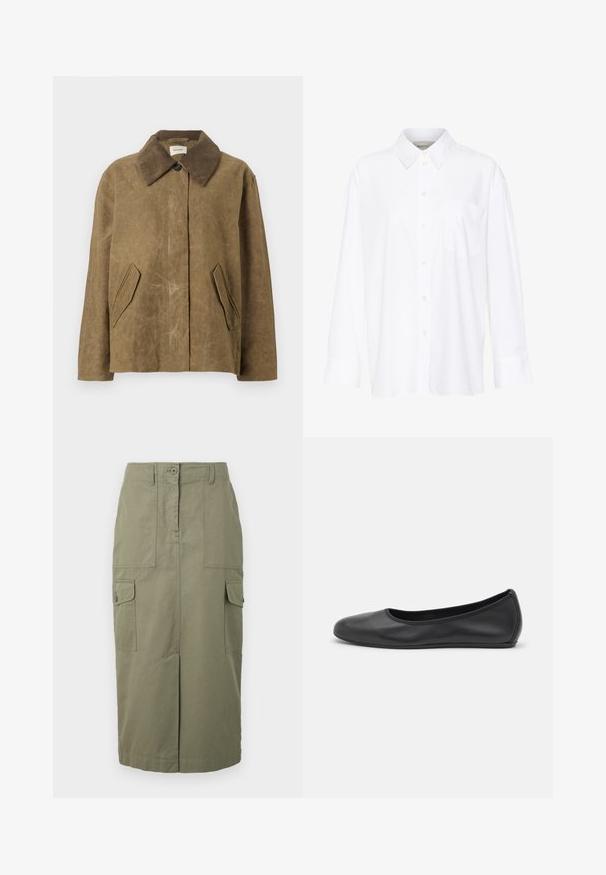 Brown waxed jacket with a corduroy collar, featuring two angled side pockets and a relaxed, boxy fit. Soft texture with a slightly worn appearance.; White long-sleeve collared shirt made of cotton. Features a button-down front and a single chest pocket. Smooth texture, relaxed fit.; Cargo skirt in olive green, made of cotton blend. Features front pockets, a straight silhouette, and a front slit for mobility.; Black leather ballet flat with a rounded toe, smooth texture, minimal stitching detail, and a flexible sole design.