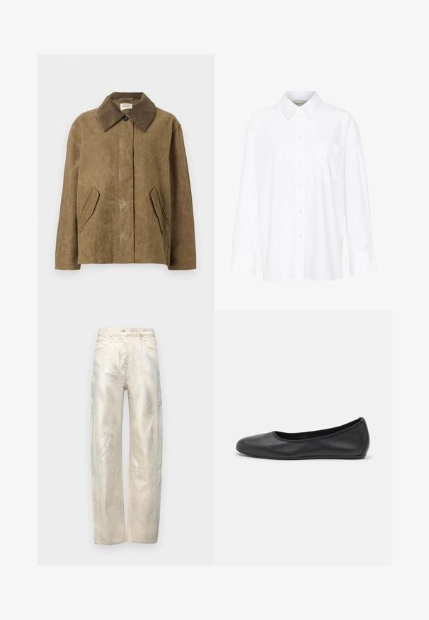Brown waxed jacket with a corduroy collar, featuring two angled side pockets and a relaxed, boxy fit. Soft texture with a slightly worn appearance.; White long-sleeve collared shirt made of cotton. Features a button-down front and a single chest pocket. Smooth texture, relaxed fit.; Light beige wide-leg jeans with a metallic sheen, crafted from denim with a smooth texture and standard five-pocket design.; Black leather ballet flat with a rounded toe, smooth texture, minimal stitching detail, and a flexible sole design.