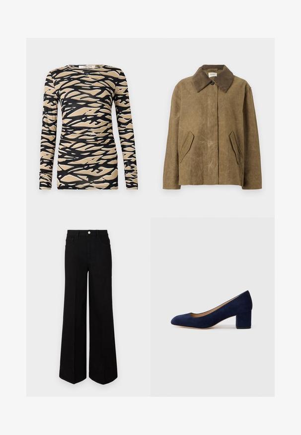 Barna viaszolt dzseki kordbársony gallérral, két ferde oldalsó zsebel és laza, dobozszerű fazon jellemzi. Puha tapintású, enyhén kopott megjelenéssel.; Hosszú ujjú felső, sima, rugalmas anyagon fekete és bézs absztrakt hullámmintával. Testhez simuló fazon, kerek nyakkivágással és karcsú ujjaival.; Fekete, bő szárú farmernadrág, strapabíró anyagból készült, magas derékkal, elülső zsebekkel és elöl gombos záródással. Lapos szegély az alján.; Tengerészkék velúr, hegyes orrú pumpa, középmagas tömbsarkúval. Simítású felület finom fénylő hatással, elöl egy kis kivágással.