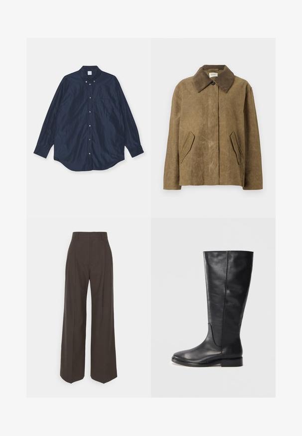 Braune gewachste Jacke mit einem Cordkragen, ausgestattet mit zwei schrägen Seitentaschen und einer entspannten, kastigen Passform. Weiche Textur mit einem leicht abgetragenen Aussehen.; Marineblaue Langarm-Button-up-Bluse mit satinähnlicher Textur, enthält eine einzelne Brusttasche und einen abgerundeten Saum. Verfügt über einen geknöpften Kragen und Manschetten.; Dunkelbraune weite Hose mit hoher Taille, die über sorgfältig gebügelte Falten, eine glatte Textur und eine taillierte Passform verfügt.; Schwarze kniehohe Lederstiefel mit niedrigem Absatz und runder Zehenpartie, die Stichdetails entlang des Schafts und des Rists zeigen.