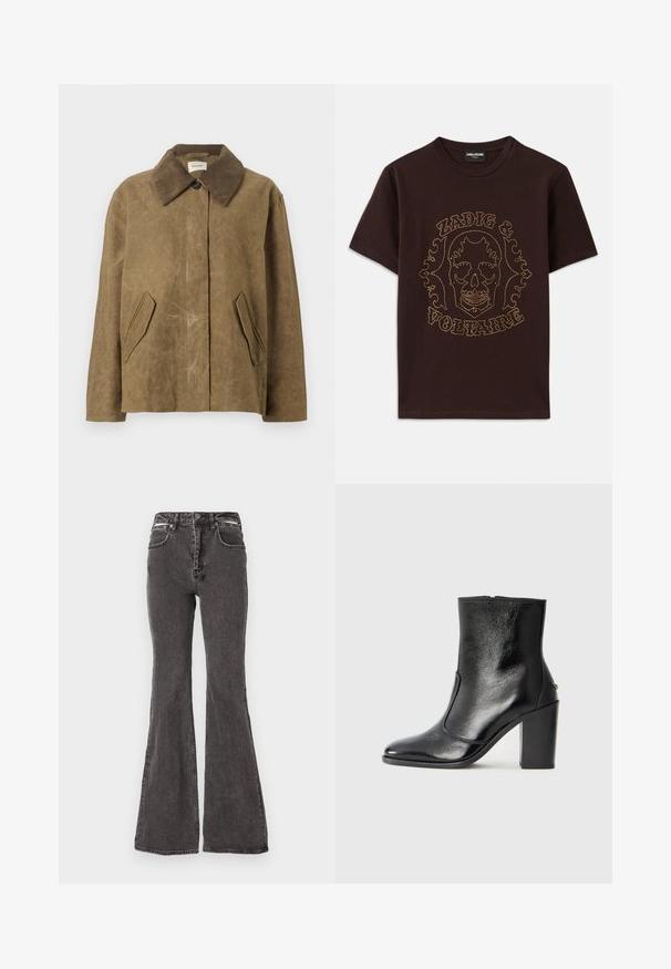Bruine gewaxte jas met een corduroy kraag, met twee schuin geplaatste zijzakken en een ontspannen, boxy pasvorm. Zachte textuur met een iets versleten uiterlijk.; Zwarte T-shirt van katoen, met een schedelafbeelding omlijnd met gouden studs en de tekst "Zadig & Voltaire", korte mouwen en ronde hals.; Zwarte flare jeans van denim met een vervaagde structuur, voorzien van voorzakken, riemlussen en metalen accenten bij de taille.; Zwarte leren enkelboot met een gladde textuur, spitse neus en een gedurfde hoge hak. Beschikt over een zijopening en een minimalistisch ontwerp.