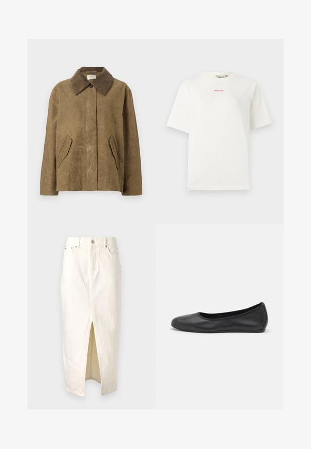 Brūna vaskota jak un ar kordūras apkakli, ar divām slīpām sānu kabatām un brīvu, kvadrātveida piegriezumu. Mīksta tekstūra ar nedaudz nolietotu izskatu.; Balts kokvilnas t-krekls ar īsām piedurknēm, apaļu kaklu, ar nelielu sarkanu "Holzweiler" logo redzamā vietā uz krūštura.; Balta denima svārki ar priekšējo šķēlumu, ar augstu jostu, jostu cilpām un klasisko piecu kabatu dizainu. Tekstūrēta auduma ar šuvju detaļām.; Melna ādas baleta kurpe ar noapaļotu purngalu, gludu tekstūru, minimālu šuvju detalizāciju un elastīgu zoles dizainu.