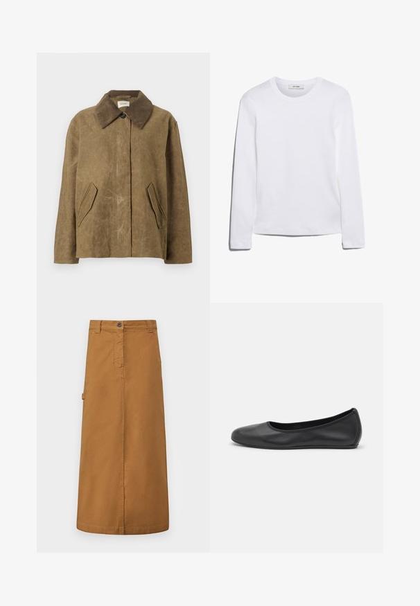 Smeđa voskana jakna s ovratnikom od kordura, koja ima dva koso postavljena bočna džepa i opušten, kutijast fit. Mekana tekstura s blagim izgledom istrošenosti.; Dugi rukav bijela majica od rebrastog pamuka, s okruglim izrezom i ravnim rubom. Jednostavan dizajn bez uzoraka ili naglasaka.; Smeđa pamučna midi suknja s prednjim zatvaranjem na dugmad, petljama za remen i bočnim džepovima. Glatka tekstura i ravni kroj.; Crne kožne baletanke s zaobljenim vrhom, glatke teksture, minimalnim detaljima šavova i fleksibilnim dizajnom potplata.