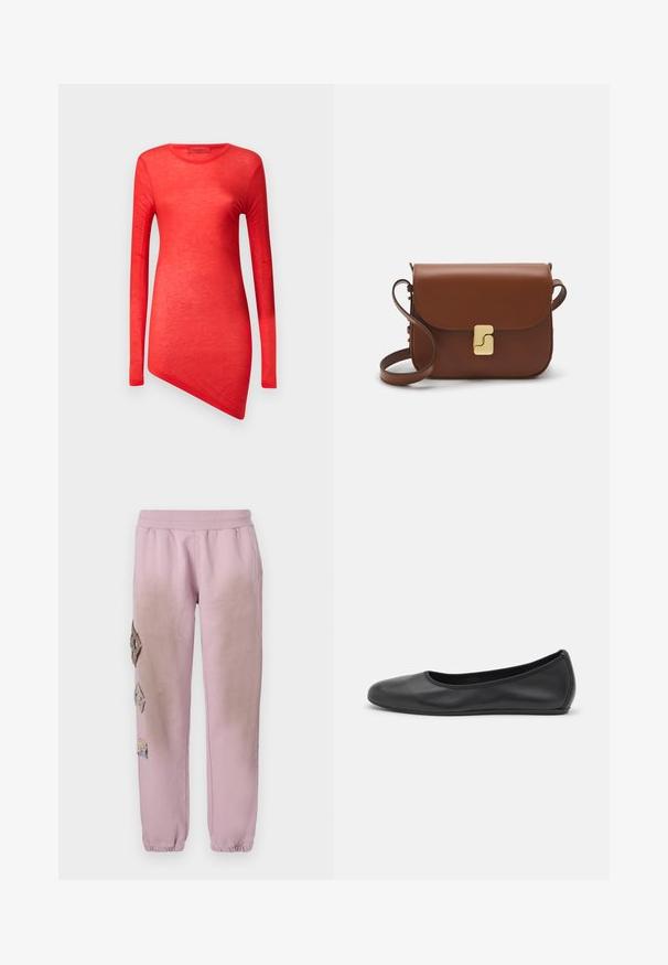 Hnedá voskovaná bunda s manšestrovým golierom, obsahujúca dva naklonené bočné vrecká a voľný, hranatý strih. Mäkka textúra s mierne ošúchaným vzhľadom.; Červený dlhý rukáv s asymetrickým lemom, vyrobený z ľahkého materiálu. Hladká štruktúra s okrúhlym výstrihom a minimálnymi švami.; Ružové tepláky s elastickým pásom, s ozdobnými nášivkami v tvare diamantu na ľavej strane a elastickými manžetami na členkoch.; Čierne kožené baleríny s okrúhlou špičkou, hladkým povrchom, minimálnym prešívaním a flexibilným dizajnom podrážky.; Hnedá kožená kabelka s klopou, zlatými kovovými prvkami, ramenným popruhom a hladkým povrchom. Kompaktný obdĺžnikový tvar.