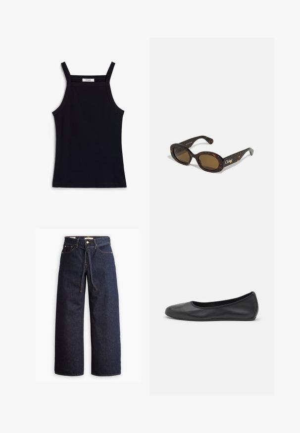 Hnědá voskovaná bunda s manžetovým límcem, obsahující dvě šikmé boční kapsy a uvolněný, boxy střih. Měkká textura s mírně opotřebovaným vzhledem.; Černý žebrovaný top s úzkými ramínky, má kulatý výstřih a rovný spodní lem. Štítek říká "IVY OAK."; Široké tmavě modré džíny se zvýšeným pasem, opatřené stahovací šňůrou, pěti kapsami a kontrastním prošíváním.; Černé kožené baletní byty s kulatou špičkou, hladkou texturou, minimálními švy a flexibilním designem podrážky.; Sluneční brýle v želvovinovém designu s oválnými rámy, hnědými skly a logem "Chloé" na nožičce. Hladký plastový materiál s lesklým povrchem.; Hnědá semišová taška přes rameno s širokým tvarem a měkkou texturou, s jedním popruhem a minimálním kovovým doplňkem na neutrálním pozadí.