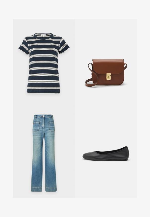 Smeđa voskana jakna s ovratnikom od kordura, koja ima dva koso postavljena bočna džepa i opušten, kutijast fit. Mekana tekstura s blagim izgledom istrošenosti.; Tamnoplava prugasta majica od pamuka; ima kratke rukave, okrugli izrez i bijele horizontalne pruge sprijeda i straga.; Svijetloplave traperice s flare krojem, pet džepova, petljama za pojas, zatvaranjem na gumb i blago izblijedjelom teksturom, s detaljem crvenog loga na stražnjoj strani.; Crne kožne baletanke s zaobljenim vrhom, glatke teksture, minimalnim detaljima šavova i fleksibilnim dizajnom potplata.; Smeđa kožna torba s preklopom, zlatnim detaljima, remenom za nošenje preko ramena i glatkom teksturom. Kompaktni pravokutni oblik.