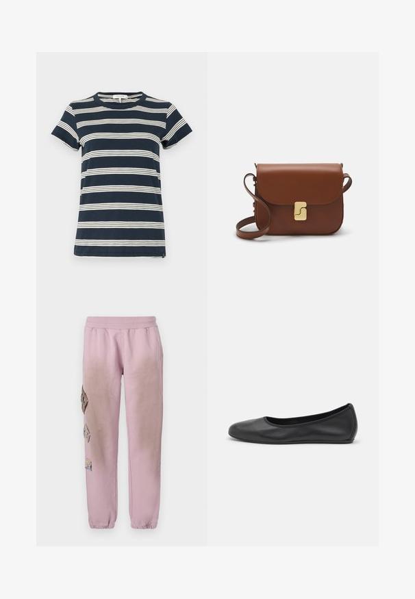 Rudas vaškas paltas su šonine korėja, turintis du kampinius šoninius kišenes ir laisvą, kvadratinį siluetą. Minkšta tekstūra su šiek tiek nusidėvėjusia išvaizda.; Tamsiai mėlynas dryžuotas marškinėliai, pagaminti iš medvilnės; turi trumpas rankoves, apvalų kaklą ir baltas horizontalias juostas priekyje ir gale.; Rožinės sportinės kelnės su elastinga juosta, kairėje pusėje dekoruotos rombo formos aplikacijomis ir elastingais užkulniais.; Juodai odiniai baletai su apvaliu pirštu, lygi texture, minimalus siuvimo detales ir lanksčiu padų dizainu.; Ruda odinė rankinė su uždaromu dangteliu, aukso spalvos detalėmis, petneša ir lygiu paviršiumi. Kompaktiška stačiakampio formos.