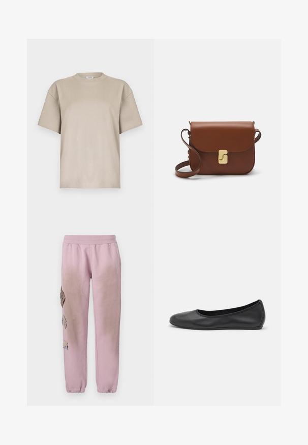 Pruun vahakotiga jope, millel on kašmiirkrae, kahe nurgelise küljepocketiga ja lõdva, kasti kujundusega. Pehme tekstuur kerge kulumise ilmega.; Beige puuvillane T-särk ümmarguse kaelusega, lühikeste varrukatega ja mugava lõikega. Sile tekstuur, minimalistlik disain, ilma mustrite või aktsentideta.; Roosa spordipüksid elastse paelaga vööl, millel on vasakul küljel dekoratiivsed rombikujulised plaastrid ja elastsed mansetid pahkluude juures.; Musthave mustika tantsutossud mustast nahast, ümmarguse varbaga, siledast tekstuurist, minimaalse õmblusdetailiga ja paindliku tallakujundusega.; Pruunist nahast käekott, millel on klapiga sulgur, kuldne riistvara, õlarihm ja sile tekstuur. Kompaktne ristkülikukujuline vorm.