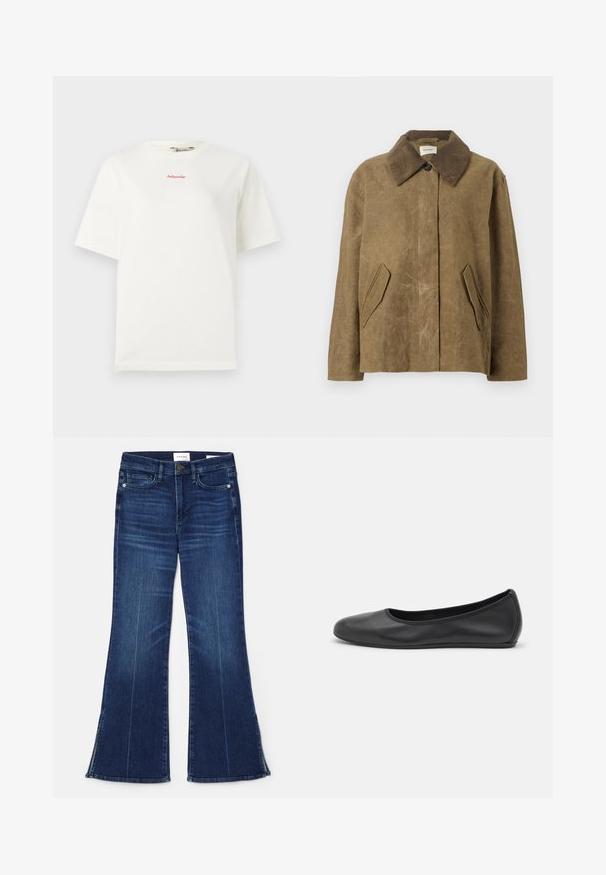 Hnědá voskovaná bunda s manžetovým límcem, obsahující dvě šikmé boční kapsy a uvolněný, boxy střih. Měkká textura s mírně opotřebovaným vzhledem.; Bílý bavlněný tričko s krátkým rukávem a kulatým výstřihem, s malým červeným logem "Holzweiler" umístěným na hrudi.; Tmavě modré zvonové džíny vyrobené z denimu. Mají vysoký pas, přední kapsy a rozparky na lemu. Klasický design s pěti kapsami.; Černé kožené baletní byty s kulatou špičkou, hladkou texturou, minimálními švy a flexibilním designem podrážky.