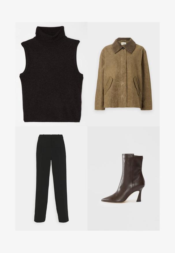 Barna viaszolt dzseki kordbársony gallérral, két ferde oldalsó zsebel és laza, dobozszerű fazon jellemzi. Puha tapintású, enyhén kopott megjelenéssel.; Filippa K TURTLENECK VEST - Felső - mocha; Fekete, testre szabott nadrágok, egyenes szárú dizájnnal, magas derékkal, redőkkel és sima szövettextúrával.; Sötétbarna bőrcipő, amely a vádli közepéig ér, hegyes orral, ívelt, karcsú sarkú és sima felületű, fehér háttérrel.