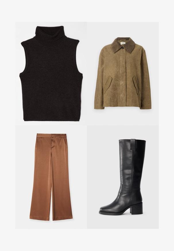 Braune gewachste Jacke mit einem Cordkragen, ausgestattet mit zwei schrägen Seitentaschen und einer entspannten, kastigen Passform. Weiche Textur mit einem leicht abgetragenen Aussehen.; Filippa K TURTLENECK VEST - Top - mocha; Braune weit geschnittene Hosen aus Satin, mit Seitentaschen, glatter Textur und einem taillierten Bund für eine strukturierte Passform.; Schwarze Lederstiefel bis zum Knie mit glatter Oberfläche, quadratischer Spitze, Blockabsatz und seitlichem Zugband, mit minimalistischen Nähdetails.