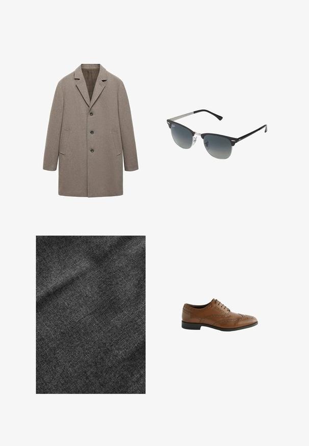 Beige wool coat with a notched lapel, three-button closure, side pockets, and straight cut featuring a textured finish.; Cable-knit, cream-colored sweater with a high turtleneck. Features ribbed cuffs and hem. Made of textured, soft knit fabric.; Pack of three t-shirts: one black and two white. Each has a crew neck, short sleeves, and is made of smooth cotton fabric.; Textured black fabric with a soft, slightly shiny surface, displaying a subtle weave pattern and a smooth drape.; Brown leather dress shoe with intricate broguing details, round toe, and flat heel. Features five lace eyelets and a smooth texture.; Black and silver sunglasses with a cat-eye shape, gradient lenses, and metallic accents on the frame. Plastic arms with grey tips.