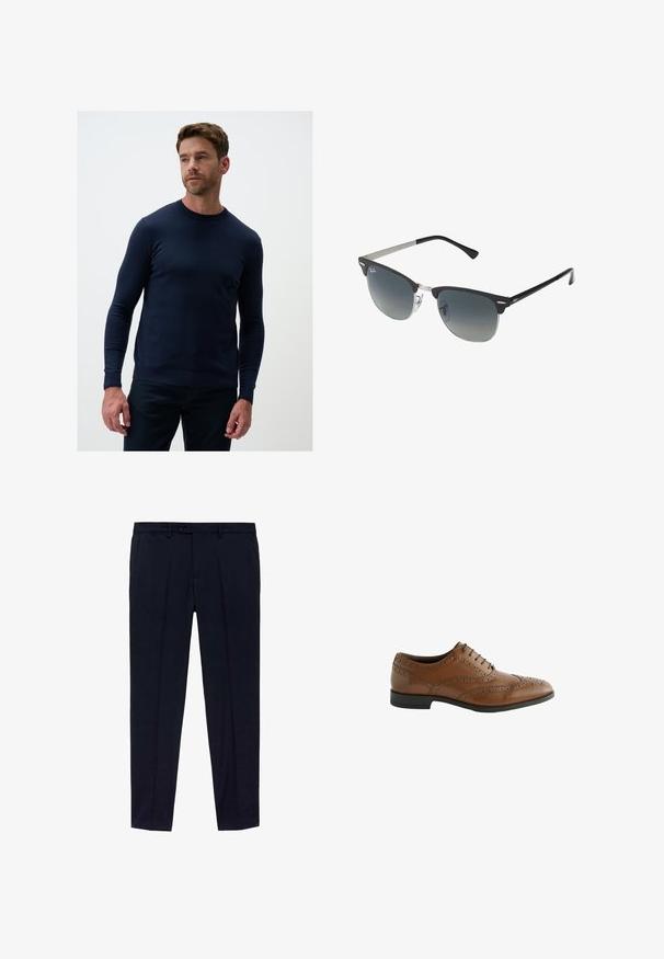 Beige wollen jas met een geknipte revers, drieknoopsluiting, zijzakken en een rechte snit met een gestructureerde afwerking.; Marineblauwe, lange mouw crewneck trui gemaakt van een zachte breimateriaal. Heeft ribgebreide manchetten en zoom voor een comfortabele pasvorm.; Set van drie T-shirts: één zwart en twee wit. Elk heeft een ronde hals, korte mouwen en is gemaakt van gladde katoenstof.; Marineblauwe broeken met een vlakke voorkant, gemaakt van gladde stof. Kenmerken zijn onder andere twee zijzakken en een ritssluiting met knoopsluiting.; Bruine leren kleding schoen met ingewikkelde brogue details, ronde neus en platte hak. Beschikt over vijf vetersluitingen en een gladde textuur.; Zwarte en zilveren zonnebril met een cat-eye vorm, gradient lenzen en metalen accenten op het montuur. Plastic armen met grijze punten.