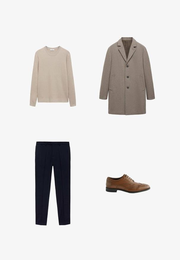 Beige vlnený kabát s klopami, uzavíráním na tři knoflíky, postranními kapsami a rovného střihu s texturovaným povrchem.; Béžový hřejivý pletený svetr s kulatým výstřihem, dlouhými rukávy a rovním lemem. Měkká textura a neutrální barva vhodná pro vrstvení.; Balení tří triček: jedno černé a dvě bílá. Každé má kulatý výstřih, krátké rukávy a je vyrobeno z hladké bavlněné látky.; Námořnické modré kalhoty s plochým předním designem, vyrobené z hladké tkaniny. Mezi vybranými detaily jsou dva boční kapsy a zipový přední zapínání na knoflík.; Hnědé kožené společenské boty s propracovanými detaily v broguingu, kulatou špičkou a plochým podpatkem. Obsahují pět dírek na šněrování a hladkou texturu.