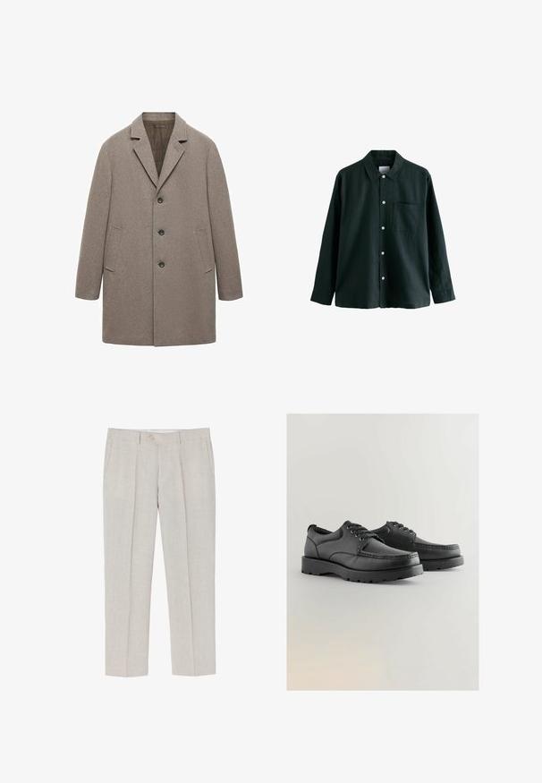 Beige uldebl coat med en klippet krave, tre-knaps lukning, sidelommer og lige snit med en struktureret finish.; Mørkegrøn skjorte med knaplukning, krave, lange ærmer og en enkelt brystlomme; har hvide knapper og en blød tekstur.; Lyse beige linned bukser med lige ben, subtil tekstur, to frontlommer og en enkelt knaplukning i taljen.; Sorte lædersko med struktureret overdel, rund tå, snørebåndsdesign og tykke gummisåler med et slidbanemønster.