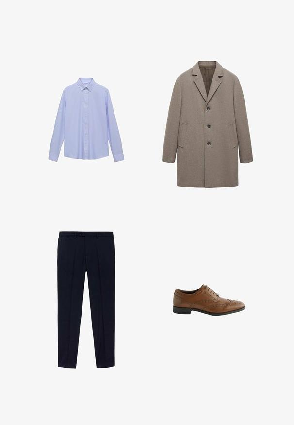 Beige wollen jas met een geknipte revers, drieknoopsluiting, zijzakken en een rechte snit met een gestructureerde afwerking.; Mango Overhemd - light blue; Set van drie T-shirts: één zwart en twee wit. Elk heeft een ronde hals, korte mouwen en is gemaakt van gladde katoenstof.; Marineblauwe broeken met een vlakke voorkant, gemaakt van gladde stof. Kenmerken zijn onder andere twee zijzakken en een ritssluiting met knoopsluiting.; Bruine leren kleding schoen met ingewikkelde brogue details, ronde neus en platte hak. Beschikt over vijf vetersluitingen en een gladde textuur.