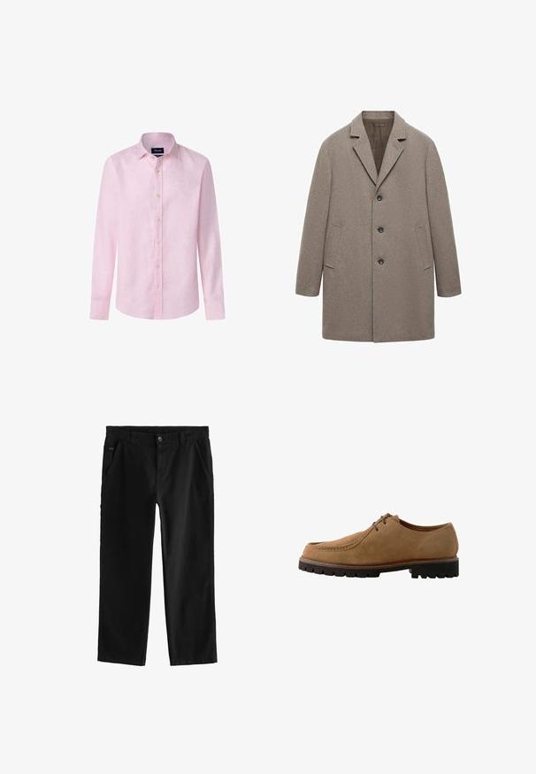 Beżowy wełniany płaszcz z klapami, zapięciem na trzy guziki, bocznymi kieszeniami i prostym krojem z fakturowanym wykończeniem.; Jasnoróżowa koszula z długim rękawem wykonana z lnu, z zapinanym przodem, szpiczastym kołnierzem i zaokrąglonym dołem. Guziki są jasne.; Czarne bawełniane spodnie o prostym kroju, z zapięciem na guzik z przodu, skośnymi kieszeniami po bokach oraz subtelnymi detalami w przeszyciach.; Brązowe zamszowe buty na sznurówki z okrągłym czubkiem, ze stębnowaniem i kontrastującą czarną gumową podeszwą z głębokim bieżnikiem dla lepszej przyczepności.