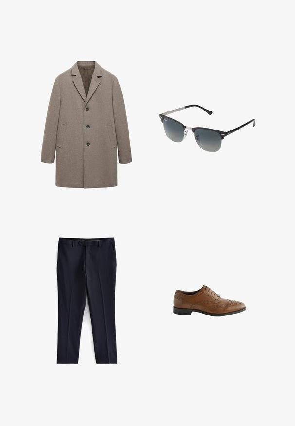 Beige wollen jas met een geknipte revers, drieknoopsluiting, zijzakken en een rechte snit met een gestructureerde afwerking.; Set van drie T-shirts: één zwart en twee wit. Elk heeft een ronde hals, korte mouwen en is gemaakt van gladde katoenstof.; Next SLIM FIT ESSENTIAL - Pantalon - navy; Bruine leren kleding schoen met ingewikkelde brogue details, ronde neus en platte hak. Beschikt over vijf vetersluitingen en een gladde textuur.; Zwarte en zilveren zonnebril met een cat-eye vorm, gradient lenzen en metalen accenten op het montuur. Plastic armen met grijze punten.