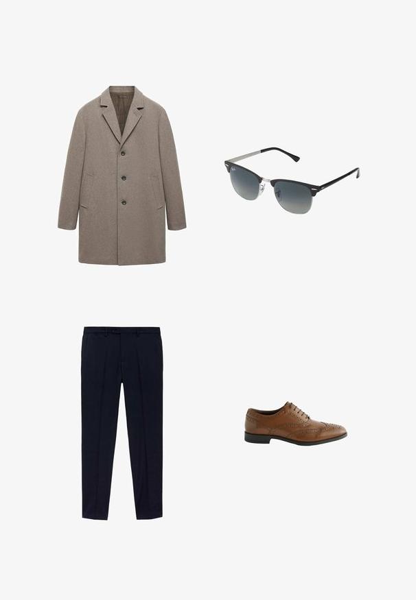 Beige Wollmantel mit Reverskragen, Drei-Knopf-Verschluss, seitlichen Taschen und geradem Schnitt, der eine strukturierte Oberfläche aufweist.; Drei-T-Shirt-Pack: eines in Schwarz und zwei in Weiß. Jedes T-Shirt hat einen Rundhalsausschnitt, kurze Ärmel und besteht aus glattem Baumwollstoff.; Königsblaue Hose mit flachem Vorderdesign, aus glattem Stoff gefertigt. Zu den Details gehören zwei seitliche Taschen und ein Reißverschluss mit Knopfverschluss.; Braune Leder-Schnürschuhe mit kunstvollen Broguing-Details, runder Zehenform und flachem Absatz. Verfügt über fünf Schnürösen und eine glatte Oberfläche.; Schwarze und silberne Sonnenbrille mit Katzenaugenform, verlaufenden Gläsern und metallischen Akzenten im Rahmen. Plastische Bügel mit grauen Spitzen.