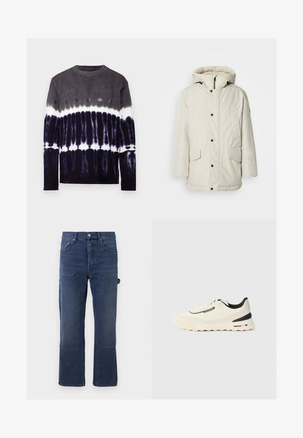 Licht beige geïsoleerde parka met een capuchon, voorzien van een ritssluiting aan de voorkant, drukknoopsluiting en twee voorkruiszakken met klep. Gladde stoftextuur.; Langsleeve trui met een gradient tie-dye patroon in grijstinten, zwart en wit; zachte textuur en ronde halslijn.; Donkerblauwe denim broeken met een relaxte pasvorm, voorzien van opgestikte zakken, een recht model en een lichte vervaging van de stof.; Crème-kleurige sneaker met een gestructureerde nubuck bovenkant, zwarte accenten en een dikke rubberen zool met een rode, witte en blauwe streepdetail.