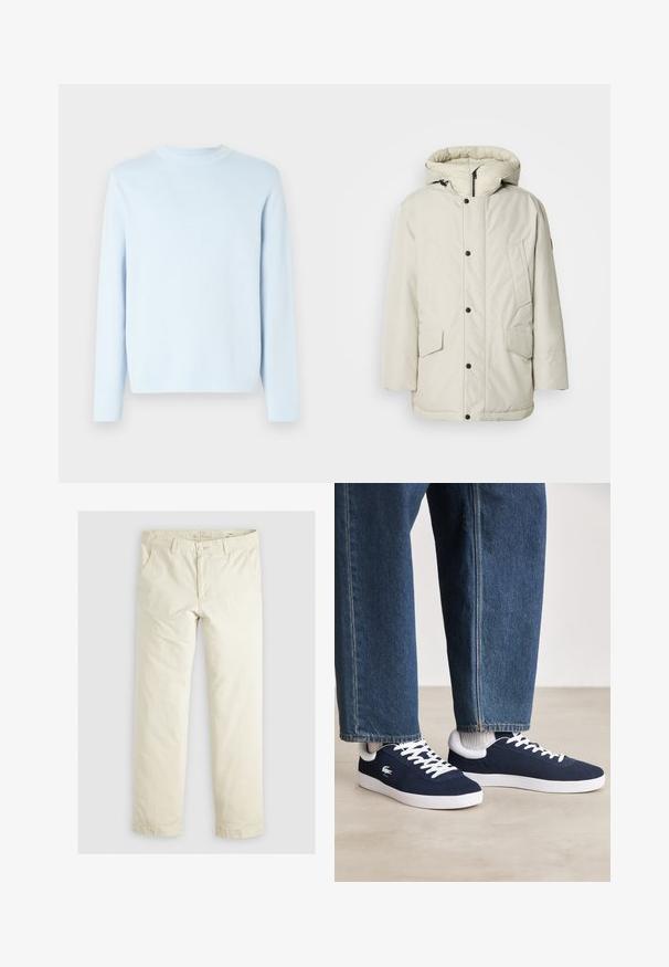 Gai beige izolēts parka mētelis ar kapuci, ar rāvējslēdzēju priekšā, spiedpogām un divām priekšējām kabatām ar atloku aizdarēm. Gluda auduma tekstūra.; Gai zilās krāsas džemperis ar garām piedurknēm un apaļo kakla izgriezumu. Gluda tekstūra, ribota kakla izgriezuma un apakšmalas dizains. Minimālisma stils, nav rakstu vai rotājumu.; Gaiši beigu brīvi pieguļoši bikses ar trim kabatām, jostu cilpām un taisnu kāju dizainu. Izgatavotas no mīksta kokvilnas auduma maisījuma.; Zili auduma sporta apavi ar baltām stīgām un gumijas zolēm, izlikti kopā ar džinsiem un pelēkām ribotām zeķēm, uz gaiši pelēka pamata.