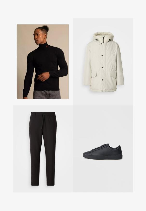 Helebeige isoleeritud parka kapuutsiga, millel on tõmbluku esikülg, nööbiga kinnitused ja kaks esist pocketit klapikinnitustega. Sile kangakonstruktsioon.; Must musta ribataskudega, pika varrukaga. Kaeluses on väike punane logo. Kantud hallide teksadega.; Mustad jogger-püksid, mis on valmistatud siledast kangast. Omavad elastset pihaotsikut koos paelaga, kitsenevaid jalaosi ja nähtamatuid taskuid. Lihtne disain.; Mustad mustad mustad paelaga, ümmarguse ninaga ja tasase kummist tallaga madala lõikega mustad nahkjalatsid. Omab paelu ja peent brändingut.