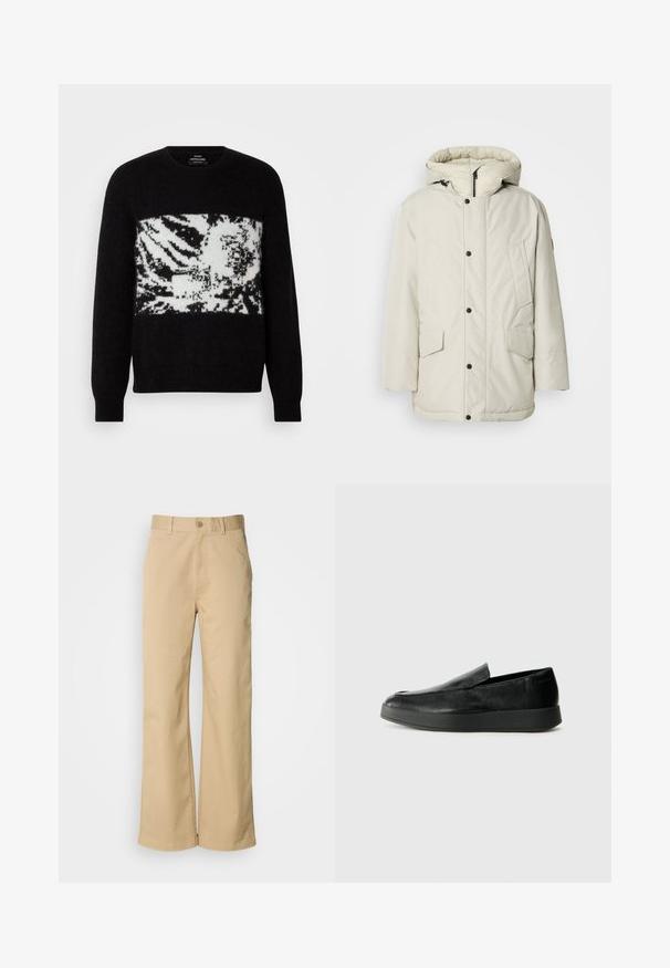Šviesiai smėlinis izoliuotas parka su gobtuvu, turinti užtrauktuko priekį, kai kuriuos užsegimus ir dvi priekinės kišenes su sklendžių uždarymu. Lygus audinio paviršius.; Juodas megztinis su baltu, abstrakčiu zebro raštu per krūtinę. pagamintas iš minkštos medžiagos, su gumuotais rankogaliais ir apvaliu iškirpimu.; Smėlio spalvos, plačios kojos kelnės, pagamintos iš medvilnės mišinio. Yra mygtuko uždarymas ir diržo kilpos. Lygus paviršius, minimalūs siūlių detalės.; Calvin Klein HYBRID CUP - Įmautiniai batai - triple black