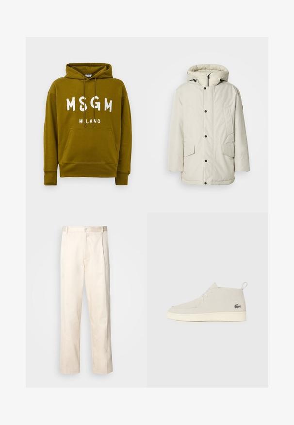 Jasnobeżowa ocieplana parka z kapturem, z zamkiem błyskawicznym z przodu, napami oraz dwiema przednimi kieszeniami z klapkami. Gładka faktura tkaniny.; Oliwkowa bluza z kapturem z białym napisem "MSGM MILANO" z przodu, z kieszenią kangurką z przodu i sznurkiem do regulacji kaptura.; Beżowe bawełniane spodnie o prostym kroju nogawki, z zapięciem na guziki i plisami z przodu dla dodatkowego zdobienia.; Jasnoszare zamszowe botki do kostek z okrągłym nosem, białą gumową podeszwą i subtelnym detalem logo po bokach. Posiadają sznurowane zapięcie.