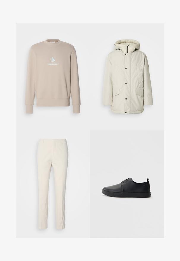 Parka isolante bege claro com capuz, apresentando um fecho frontal com zíper, botões de pressão e dois bolsos frontais com fechos de aba. Textura de tecido suave.; Sweatshirt bege feito de tecido macio, com gola redonda, punhos canelados e uma impressão de logotipo centralizada em azul claro e branco.; Calças ajustadas de cor creme com um tecido texturizado. Apresenta um design de perna reta, passantes para cinto e dois bolsos frontais. Sem padrões.; Sapatilha de couro preta com um acabamento liso, bico arredondado, costura ton sur ton, frente com atacadores e sola plana de borracha. Alça no calcanhar.