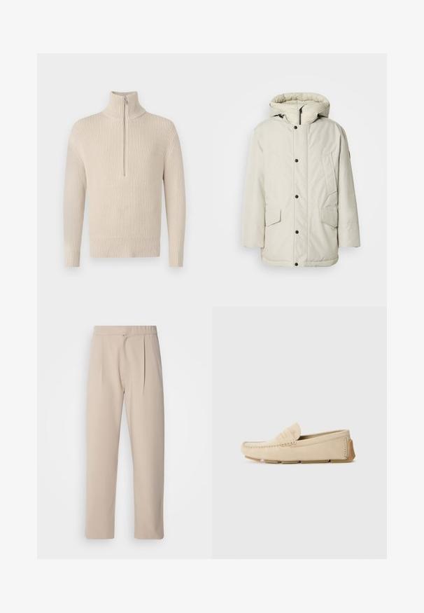 Vaaleanbeige eristettävä parkatakki hupulla, jossa on vetoketjullinen etuosa, nappisuljenta ja kaksi etutaskua läpällisellä sulkemisella. Sileä kangasrunko.; Beige ribbattu neule, jossa on korkea kaulus ja puoliveto. Ominaisuuksiin kuuluvat pitkät hihat ja suora helma. Pehmeä rakenne.; Beige, laskulöydään housut pehmeästä kankaasta. Varustettu elastisella vyötärönauhalla, suorilla lahkeilla ja sileällä pinnalla. Ei taskuja tai yksityiskohtia.; Beige mokasinsandaalit, joissa on ommeltu mokkasiinipää, joustava kumipohja ja minimalistinen muotoilu, jossa on matala profiili.