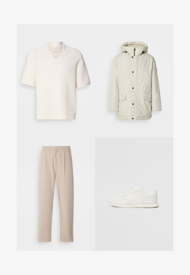 Parka aislante de color beige claro con capucha, que presenta un cierre frontal con cremallera, botones de presión y dos bolsillos frontales con solapas. Textura de tela suave.; Polo de manga corta y escote en V en tejido blanco texturizado. Presenta un cuello y un sutil patrón acanalado, ofreciendo un aspecto estructurado.; Pantalones plisados en color beige, hechos de una tela suave. Tienen una cinturilla elástica, piernas rectas y una textura lisa. Sin bolsillos ni adornos.; Zapatilla blanca con parte superior de malla y sintético, puntera redonda, cordones planos y una franja lateral texturizada. Suela de goma con un tirador en la parte posterior.