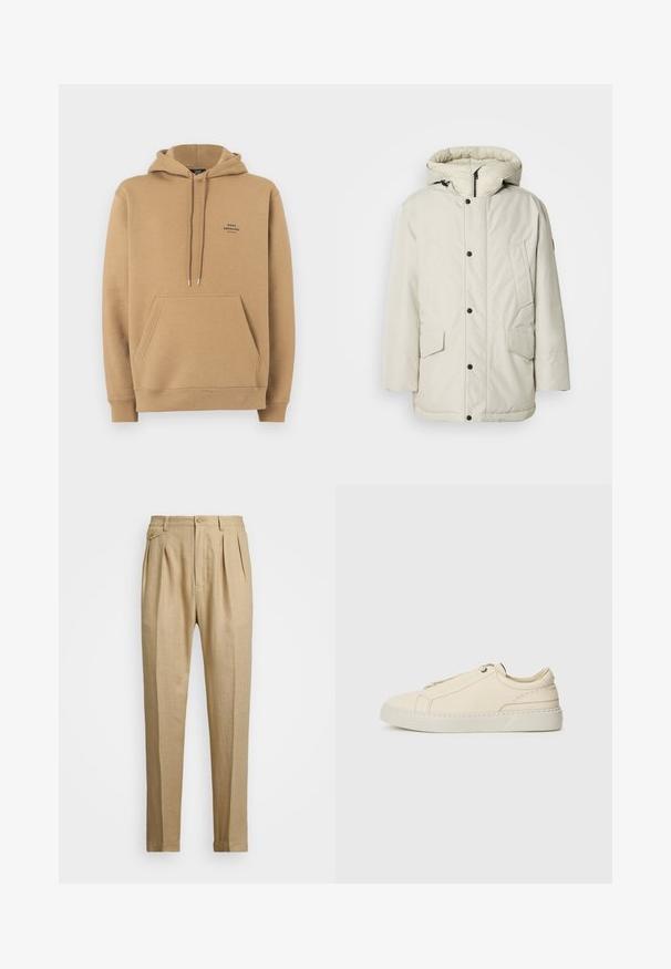 Parka izolată de culoare bej deschis, cu glugă, având un fermoar frontal, capse și două buzunare frontale cu clapete. Textură de țesătură netedă.; Hanorac cu glugă din bumbac bej, cu buzunar frontal, manșete cu nervuri și un mic logo pe piept. Are o glugă cu siret și o textură moale.; Pantaloni din in bej cu croi drept, având două pliuri frontale, închidere cu nasture și buzunare laterale. Material texturat cu un finisaj neted.; Adidași din piele bej cu vârful rotunjit, design minimalist, detalii subtile de cusătură și un superior texturat, pe o talpă deschisă.