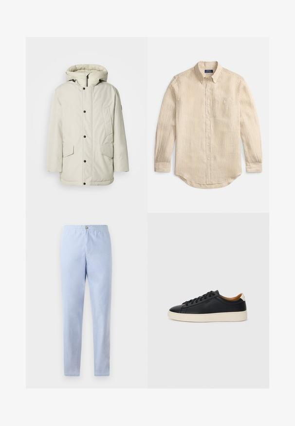Jasnobeżowa ocieplana parka z kapturem, z zamkiem błyskawicznym z przodu, napami oraz dwiema przednimi kieszeniami z klapkami. Gładka faktura tkaniny.; Beżowa koszula na długi rękaw z pionowymi białymi paskami, kołnierzykiem zapinanym na guziki, kieszenią na piersi oraz metką "Polo Ralph Lauren" wewnątrz kołnierza.; Jasnoniebieskie, lekkie spodnie z elastycznym pasem, z przodem zdobionym guzikiem i prostym krojem. Gładka faktura, bez widocznych wzorów.; Czarne skórzane trampki o gładkiej fakturze, jasnobrązowa gumowa podeszwa, sznurowana konstrukcja i kontrastujący akcent na pięcie.