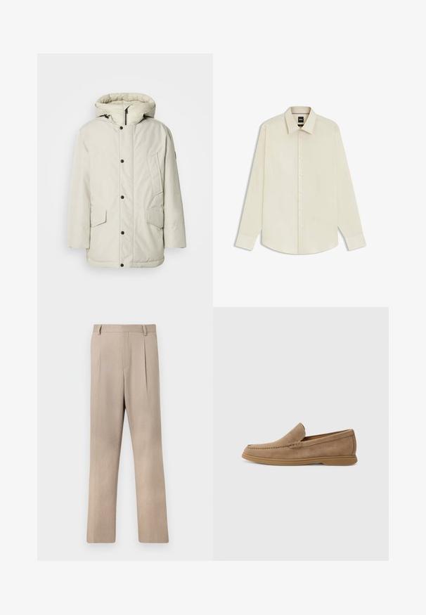 Light beige insulated parka with a hood, featuring a zippered front, snap buttons, and two front pockets with flap closures. Smooth fabric texture.; BOSS JOE KENT - Formal shirt - open white eleven; Light beige tailored trousers with a straight leg design, featuring a smooth texture and front pleats for added detail.; Brown suede slip-on loafers with a smooth texture and stitched detailing; features a rubber sole for traction.