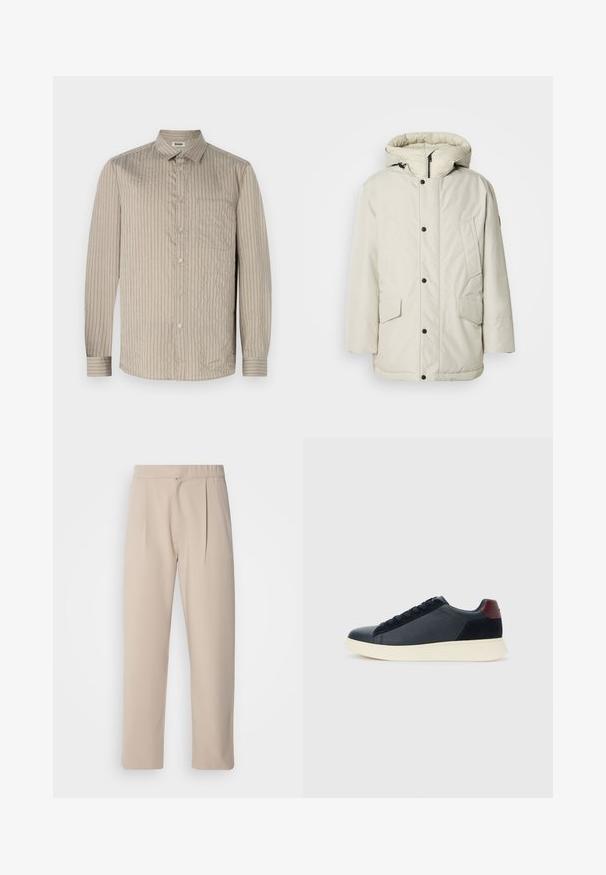 Light beige insulated parka with a hood, featuring a zippered front, snap buttons, and two front pockets with flap closures. Smooth fabric texture.; Light beige button-up shirt with vertical stripes, long sleeves, collar, and a chest pocket. Made from textured fabric with a soft finish.; Beige, pleated trousers made of soft fabric. Features an elastic waistband, straight legs, and a smooth texture. No pockets or accents.; Low-top men's sneaker in black leather and suede with maroon heel tab and white rubber sole, viewed from the outer side.
