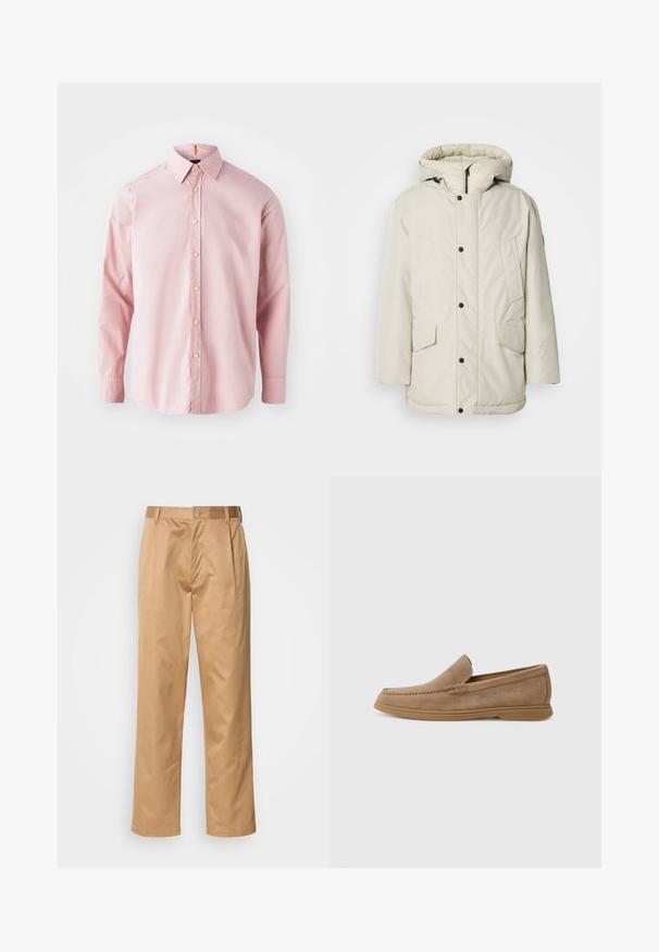 Gai beige izolēts parka mētelis ar kapuci, ar rāvējslēdzēju priekšā, spiedpogām un divām priekšējām kabatām ar atloku aizdarēm. Gluda auduma tekstūra.; Ilgi piedurkņu, gaiši rozā pogājamā krekla, kas izgatavots no kokvilnas. Iespējojiet klasisku apkakli, priekšējo pogu aizdari un diskretu iešūtu logo.; Khaķi bikses, kokvilnas maisījums, taisna kāja, priekšējās krokas, jostas cilpas un pogu aizdare. Gluda tekstūra bez rakstiem.; Brūni zamšaini slīdneši ar gludu tekstūru un stitched detaļām; aprīkoti ar gumijas zoli, lai nodrošinātu saķeri.