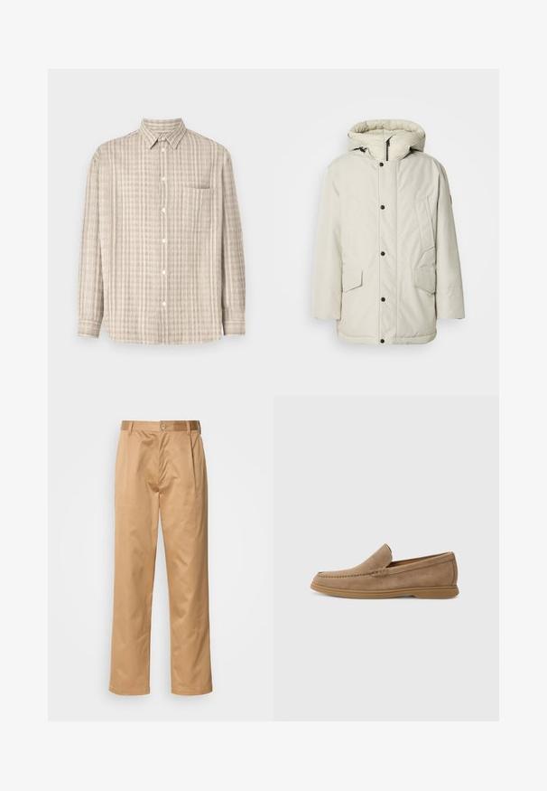 Jasnobeżowa ocieplana parka z kapturem, z zamkiem błyskawicznym z przodu, napami oraz dwiema przednimi kieszeniami z klapkami. Gładka faktura tkaniny.; Koszula z długimi rękawami w jasnym beżu, z wzorem w kratę, kieszenią na piersi i klasycznym kołnierzykiem.; Spodnie khaki, z mieszanki bawełny, prosty krój nogawki, fałdy z przodu, pętle na pasek i zapięcie na guzik. Gładka tekstura bez wzorów.; Brązowe zamszowe mokasyny wsuwane o gładkiej fakturze i przeszyciach; mają gumową podeszwę zapewniającą przyczepność.