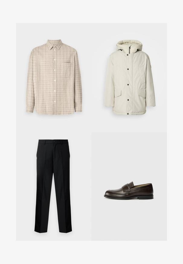 Helebeige isoleeritud parka kapuutsiga, millel on tõmbluku esikülg, nööbiga kinnitused ja kaks esist pocketit klapikinnitustega. Sile kangakonstruktsioon.; Heledbeez värvi nööpidega särk, millel on ruuduline muster, pikaealised varrukad, rinnatasku ja tavalise kaelusega disain.; Mustad musträbimoodulitega püksid sirge lõikega, mis sisaldavad nööpe, lukku ja vöökumme. Sile kanga tekstuur ja küljetaskud.; Calvin Klein Jalga libistatavad jalanõud - cocoa brown