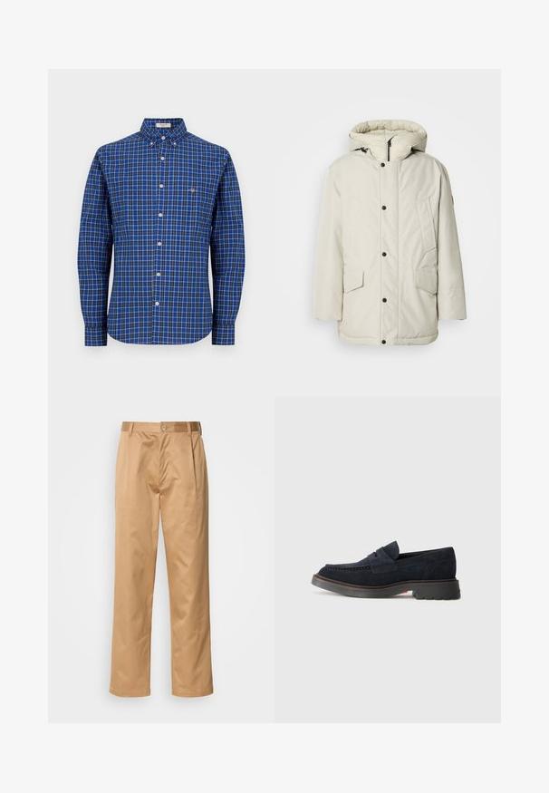 Jasnobeżowa ocieplana parka z kapturem, z zamkiem błyskawicznym z przodu, napami oraz dwiema przednimi kieszeniami z klapkami. Gładka faktura tkaniny.; Niebieska koszula w kratę z długim rękawem, z kołnierzykiem zapinanym na guziki, białymi guzikami i małym logo na lewej piersi. Materiał bawełniany, luźny krój.; Spodnie khaki, z mieszanki bawełny, prosty krój nogawki, fałdy z przodu, pętle na pasek i zapięcie na guzik. Gładka tekstura bez wzorów.; Granatowe zamszowe mokasyny z okrągłym noskiem, ozdobnym przeszyciem i gumową podeszwą z lekkim uniesieniem. Trwały materiał i konstrukcja.