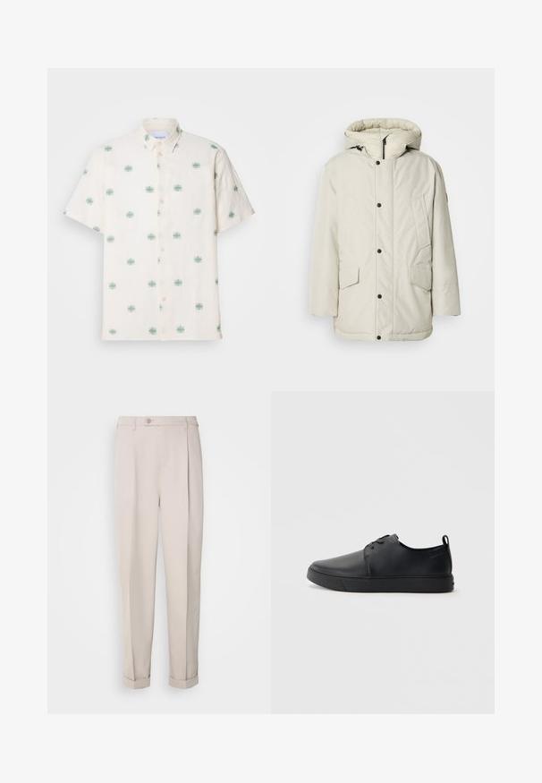 Parka aislante de color beige claro con capucha, que presenta un cierre frontal con cremallera, botones de presión y dos bolsillos frontales con solapas. Textura de tela suave.; Camisa de manga corta color crema, hecha de lino, con un patrón bordado de diseños florales en color verde azulado y botones beige en la parte delantera.; Pantalones beige de tela suave, con corte recto, pliegue sencillo y puños enrollados. Incluyen un cierre frontal con botones.; Zapatilla negra de cuero con acabado suave, punta redondeada, costuras a tono, cordones en la parte delantera y suela de goma plana. Asa en el talón.