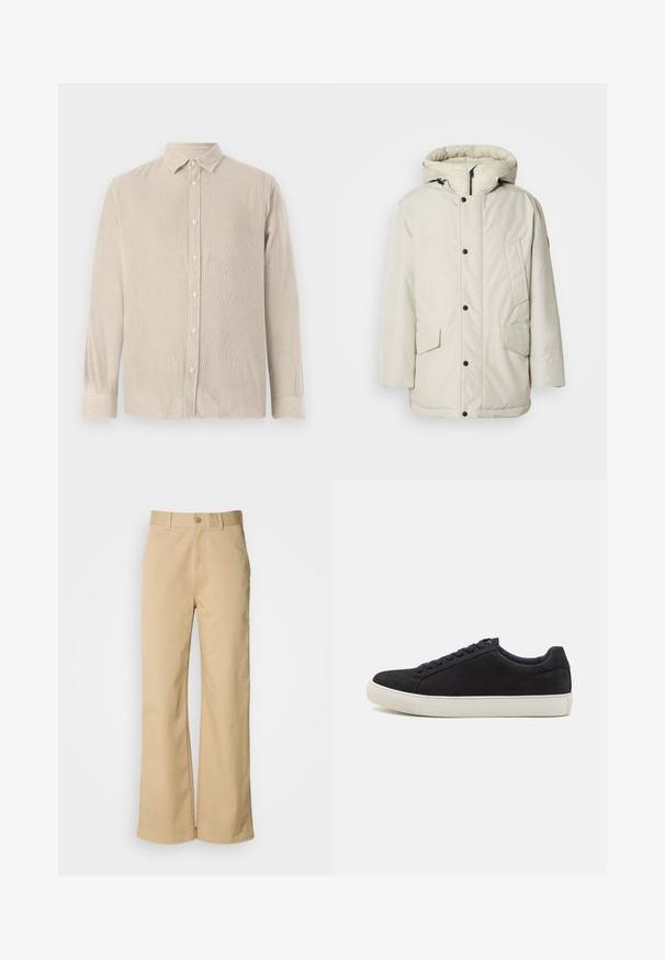 Gai beige izolēts parka mētelis ar kapuci, ar rāvējslēdzēju priekšā, spiedpogām un divām priekšējām kabatām ar atloku aizdarēm. Gluda auduma tekstūra.; Gai beige korduroja krekls ar pogu aizdari priekšpusē, garām piedurknēm un apkakli. Vertikāla ribota tekstūra visā virsmā. Šaura piegriezuma dizains.; Beige, plašas bikses izgatavotas no kokvilnas materiāla. Ar pogu aizdari un jostu cilpām. Gluda tekstūra ar minimālām šuvju detaļām.; Melnas zamšādas sporta apavi ar noapaļotu purngalu, baltu gumijas zoli, kontrastējošām zilo auklēm un gludu faktūru. Minimālistisks dizains bez redzamas logo.