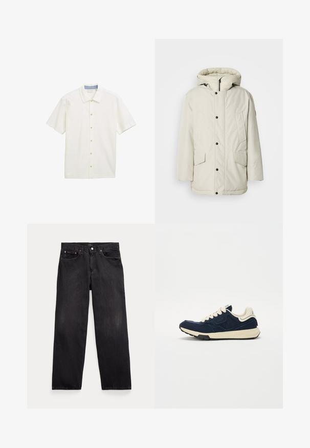 Gai beige izolēts parka mētelis ar kapuci, ar rāvējslēdzēju priekšā, spiedpogām un divām priekšējām kabatām ar atloku aizdarēm. Gluda auduma tekstūra.; Īsām piedurknēm poga krekls baltā audumā ar strukturētu rakstu, ar norādītu apkakli un piecām bežīgām pogām priekšpusē.; Melnas džinsu bikses ar brīvu piegriezumu, ar pieciem kabatām, pogu jostas vietā un maigi izbalējušām krāsām visā audumā.; Tumši zili sporta apavi ar teksturētu zamša augšdaļu, krēmkrāsas šņorēm un bēšu vidusdaļu. Iespējo klasisku sporta dizainu un gumijas zoli.