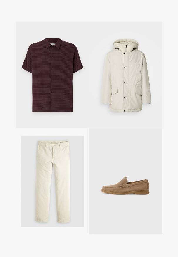 Világos bézs színű, kapucnis, szigetelt parka, cipzáros elejével, patentszorítós gombjaival és két elöl található, fedeles zsebbel. Simább szövettextúra.; Rövidujjú ing sötét bordó, texturált anyagból, gombos elülső résszel és diszkrét kockás mintával. Klasszikus gallérral és laza fit-vel rendelkezik.; Világos bézs, laza szabású nadrág három zsebbel, övpántokkal és egyenes szárú kialakítással. Puha pamut keverék anyagból készült.; Barna velúr slip-on loaferek sima felülettel és varrott részletezéssel; gumitalppal a tapadás érdekében.