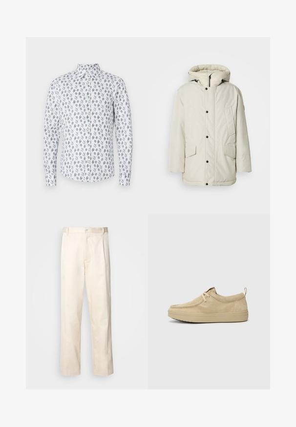 Šviesiai smėlinis izoliuotas parka su gobtuvu, turinti užtrauktuko priekį, kai kuriuos užsegimus ir dvi priekinės kišenes su sklendžių uždarymu. Lygus audinio paviršius.; Balta marškiniai su užsagamu aptaku apykakle, puošti kartotiniais juodais ir pilkais aštuonkojo ir ratų raštais. Ilgos rankovės, medvilnės ir sintetinių pluoštų mišinys.; Bežinės medvilninės kelnės su tiesiu kirpimu, turinčios mygtuko uždarymą ir priekyje raukšles papildomai dekoratyviam akcentui.; Šviesiai rudi zomšiniai batai be užsegimo su apvalia nosimi, minimaliais siūlais ir guminiu padais. Minkšta tekstūra su subtiliu prekės ženklo akcentu ant kulno.