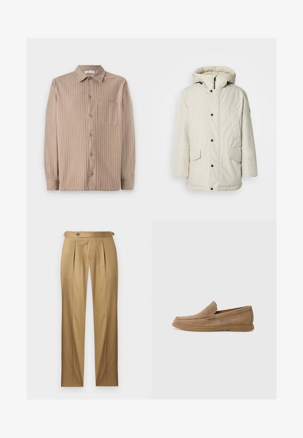 Hellbeige isolierte Parka mit Kapuze, mit einem Reißverschluss vorne, Druckknöpfen und zwei Vordertaschen mit Klappenverschluss. Glatte Stoffstruktur.; Beige Hemd mit Knöpfen und gestreiftem Muster, ausgestattet mit einem Kragen, langen Ärmeln und einer Brusttasche. Hergestellt aus weichem Stoff.; Beige Hose mit geradem Schnitt, versehen mit Abnähern, einem Knopfverschluss und Gürtelschlaufen. Glatter Stoff mit einem sauberen, maßgeschneiderten Aussehen.; Braune Wildleder Slipper mit glatter Textur und gesteppten Details; bietet eine Gummisohle für guten Halt.