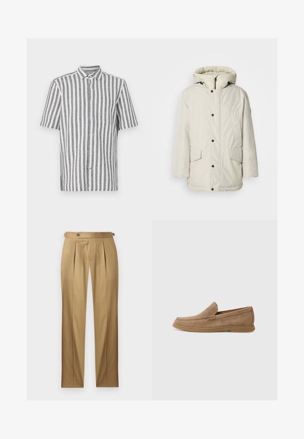 Šviesiai smėlinis izoliuotas parka su gobtuvu, turinti užtrauktuko priekį, kai kuriuos užsegimus ir dvi priekinės kišenes su sklendžių uždarymu. Lygus audinio paviršius.; Balta trumpomis rankovėmis marškiniai su mėlynomis vertikaliomis juostelėmis. Pagaminti iš kvėpuojančios medžiagos, su klasikiniu apykaklės dizainu ir laisvu siluetu.; Smėlio spalvos kelnės tiesiu kirpimu, su klostėmis, mygtuko užsegimu ir diržo kilpelėmis. Lygus audinys su švariu, pritaikytu įvaizdžiu.; Rudi šviesios odos slip-on loaferiai su lygiu paviršiumi ir siuvinėjimu; turi guminį pado sluoksnį, užtikrinantį sukibimą.