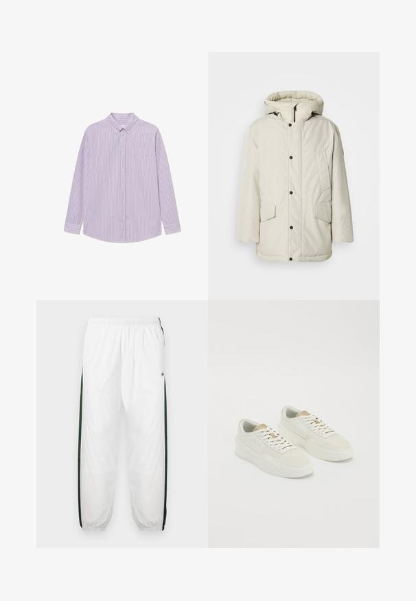 Helebeige isoleeritud parka kapuutsiga, millel on tõmbluku esikülg, nööbiga kinnitused ja kaks esist pocketit klapikinnitustega. Sile kangakonstruktsioon.; Lilla ja valge triibuline pikka varrukat shirt, millel on nööbid alla kaeluses, üks rinna tasku ja kaardus äär. Valmistatud kergest kangast.; Valged sportpüksid tumeroheline külgpanelitega. Kerge materjal, elastne vöökoht ja mansetid. Külgpanelitel on võrkmuster.; Kaks erinevat värvi kergeid madalaid esiletoodud sneekereid, beige aktsentide ja paksude tallatega, valged nöörid neutraalsel valgel taustal.