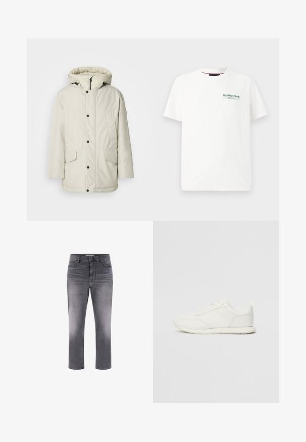 Helebeige isoleeritud parka kapuutsiga, millel on tõmbluku esikülg, nööbiga kinnitused ja kaks esist pocketit klapikinnitustega. Sile kangakonstruktsioon.; Valge puuvillane t-särk lühikeste varrukatega ja ümar kaelus, millel on roheline trükk vasakul rinnal, kus on kirjas "The Milliger Herald" ja "MCHLXXXV."; Hallhalli denim püksid viie tasku disainiga, sirge lõike ja tuhmumisega. Omab nööpidega sulgemist ja kontrastseid õmblusi.; Valged tennisesid, millel on võrgust ja sünteetilisest materjalist ülemine osa, ümar varvas, lamedad paelad ja tekstureeritud külgmine triip. Kummist tallaosa, tagaküljel tõmbetab.