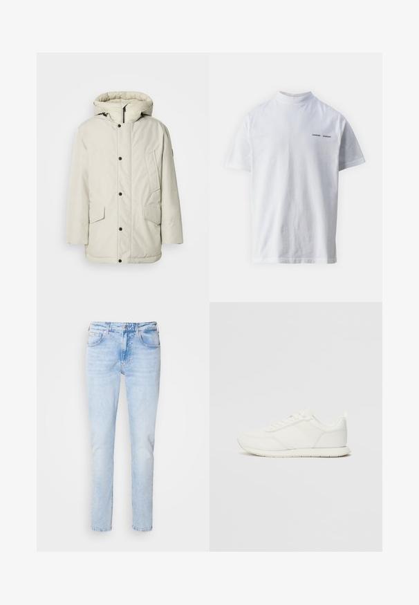 Parka aislante de color beige claro con capucha, que presenta un cierre frontal con cremallera, botones de presión y dos bolsillos frontales con solapas. Textura de tela suave.; Camisa de algodón blanca con un cuello alto y mangas cortas. Presenta el logo "SAMSØE SAMSØE" en negro en la parte delantera. Textura suave.; Jeans de denim azul claro con corte recto, con un lavado desgastado, cinco bolsillos, cierre de botón y detalles de costura sutil.; Zapatilla blanca con parte superior de malla y sintético, puntera redonda, cordones planos y una franja lateral texturizada. Suela de goma con un tirador en la parte posterior.